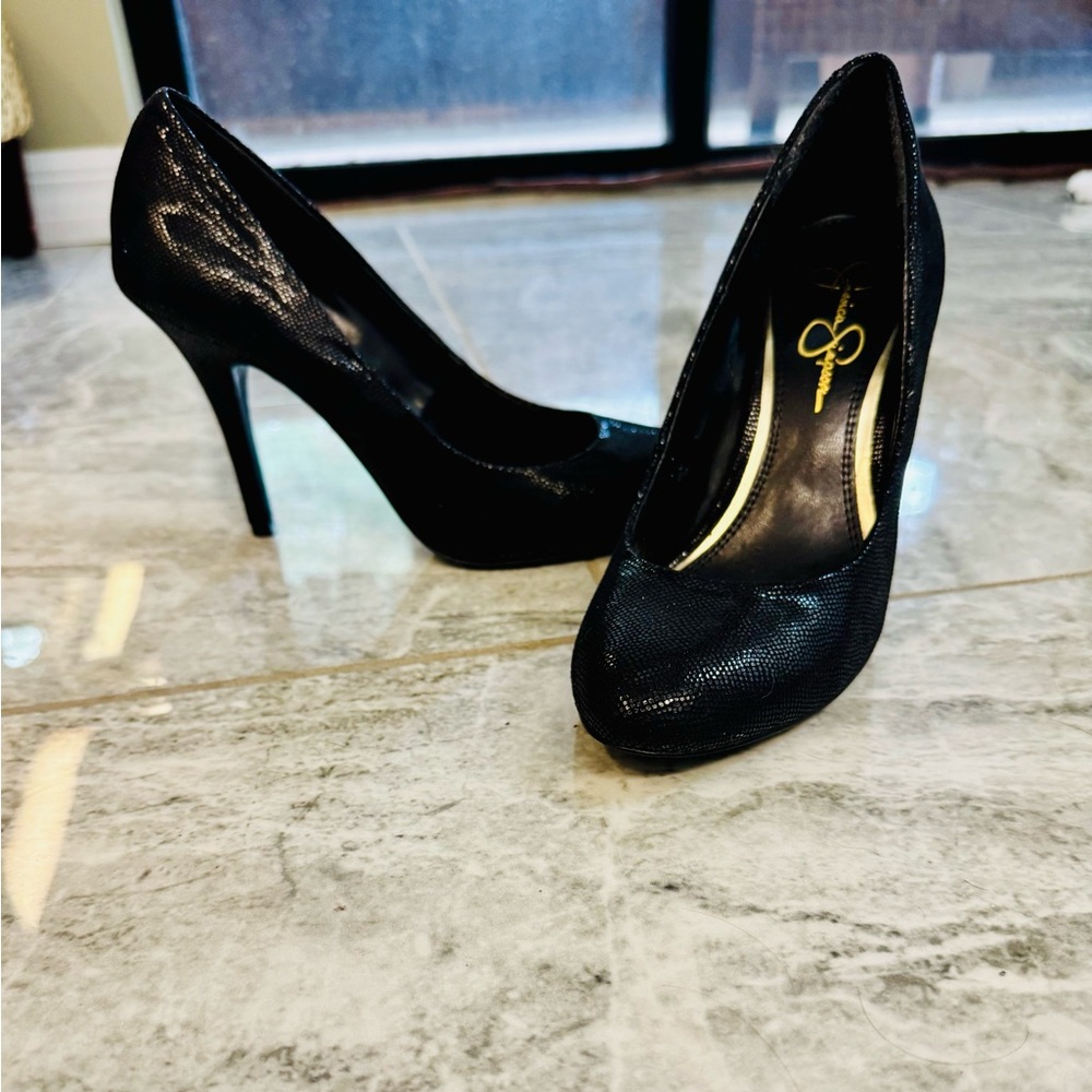 Jessica Simpson Black Stiletto Heels Snake Print Vegan Leather
